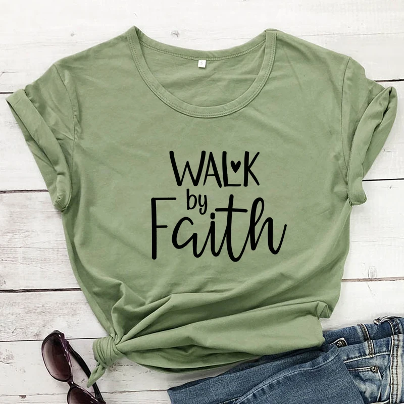 

Walk By Faith T-shirt Casual Unisex Short Sleeve Jesus Religion Tshirt Women Scripture Christian Church Tops Tees Drop Shipping