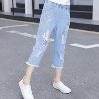 2021 new cropped pants for girls summer clothing kids trousers casual printed ripped jeans teenage girls children denim pants