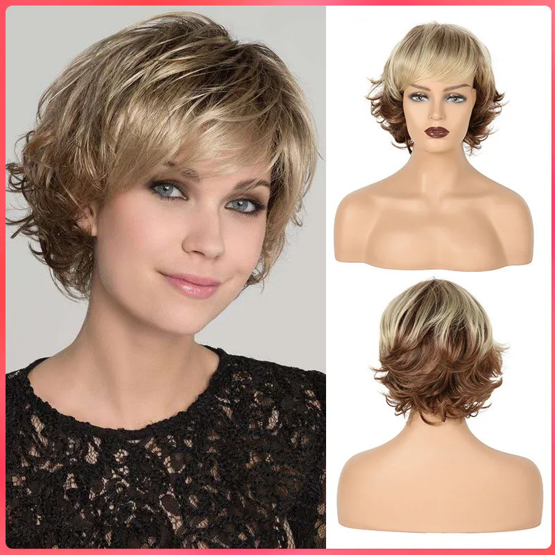 

Ladies Short Wavy Blonde Brown Mixed Synthetic Wig With Bangs Heat Resistant Fiber Wigs For Women Nature Looking Daily Party Use