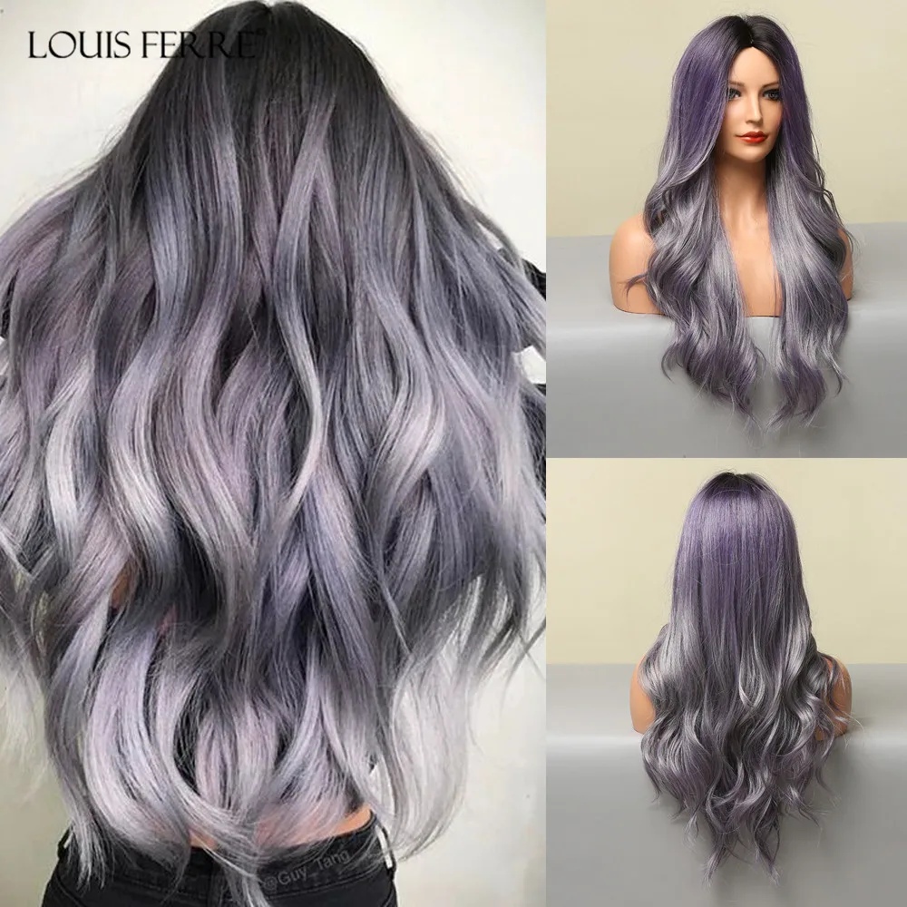 

LOUIS FERRE Long Wavy Syntheric Wig Cosplay Black Purple Hair Wigs with Gray Highlights for Women Afro Fake Hair Heat Resistant
