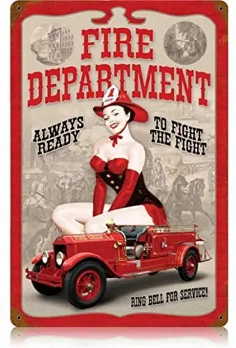 

Rustic Metal Tin Sign Retro Fire Dept. Pin Up - Pin-Up Girl Vintage Wall Plate Plque 10x14 inches