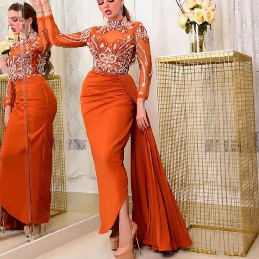

Arabic Evening Dresses Formal Dress Orange vestido de fiesta abiye Beads Rhinestone Evening Dress Sleeve Overlay robe de soiree