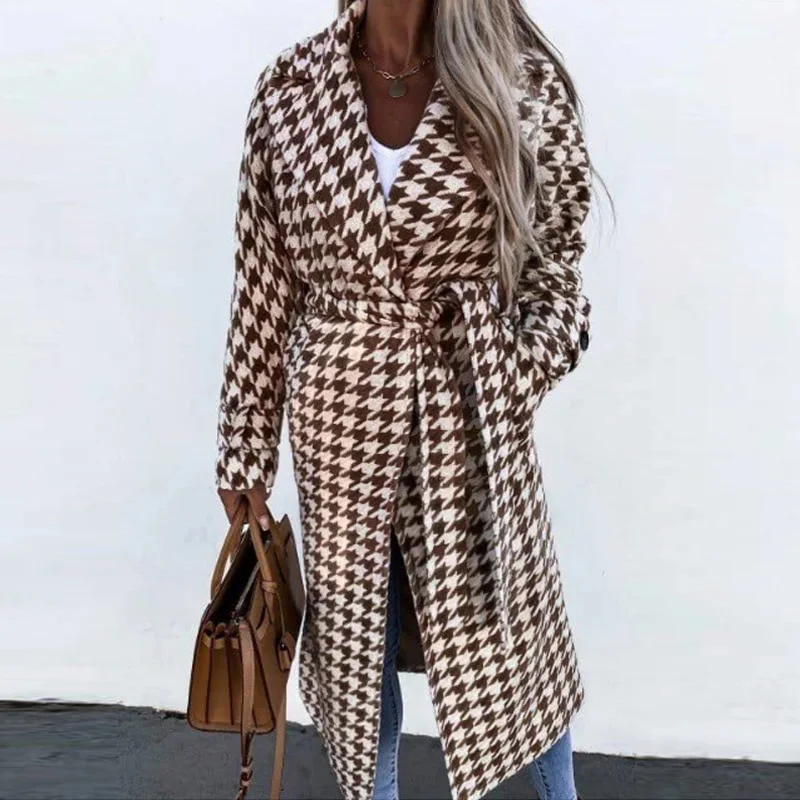 

Elegant Lapel Women Vintage Jackets Outwear Autumn Winter Long Sleeve Houndstooth Overcoat Casual Loose Belted Coats Streetwear