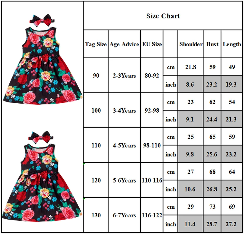 

Girls Sleeveless Red Print Dress Lovely Flower Cotton Round Neck Waist Skirt Children's Casual Loose Dresses Summer Hair Band