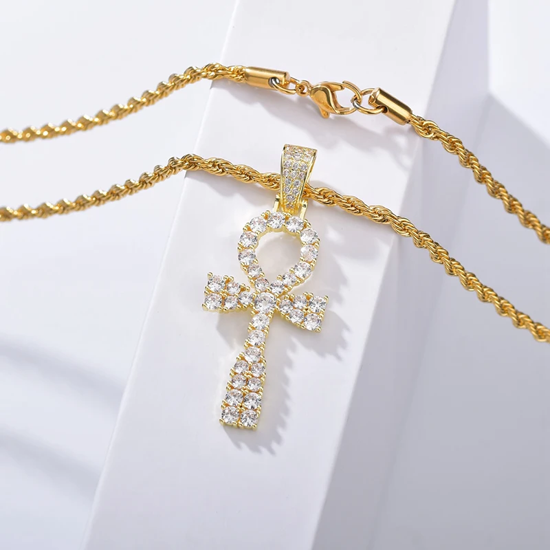 

Jesus Egyptian Ankh Cross Necklaces Mens Women Hip Hop Gold Color Pendant Chain Iced Out AAA+ Bling CZ Stone Jewelry Gifts