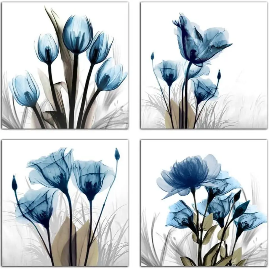 

4 Pieces Blue Elegant Tulip Flowers Salon SPA Posters Canvas Wall Art Picture Home Decor Paintings for Living Room Decorations