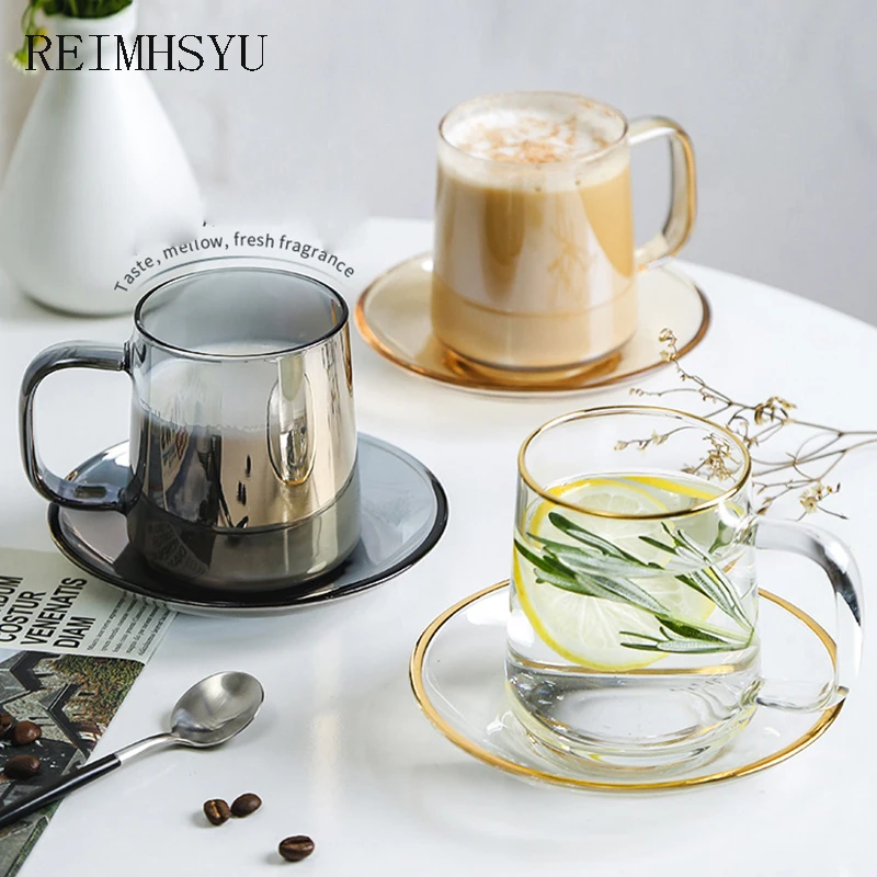 

REIMHSYU Nordic Style Home Glass Coffee Water Juice Office Breakfast Tea Mug Milk Cup And Saucer Household Restaurant Drinkware