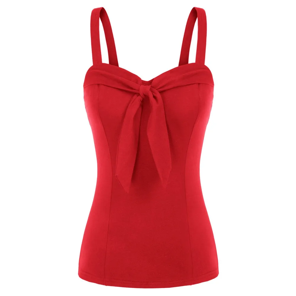 

Belle Poque Women Camisole Vintage Tie Decorated Tops Wide Strap Sweetheart Neck Cotton Tops Pure Color Summer Breathable New