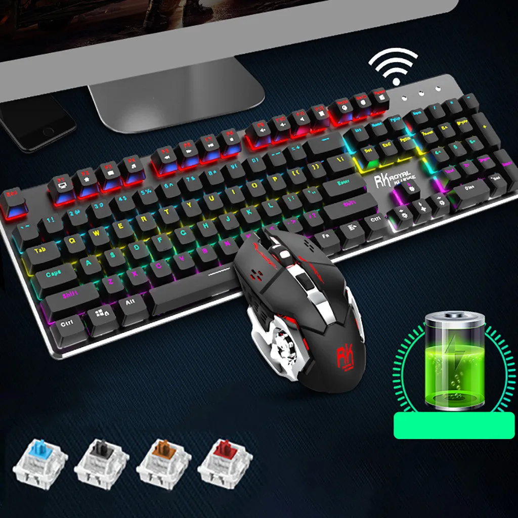 Беспроводная игровая механическая клавиатура с подсветкой 104 клавиш + мышь