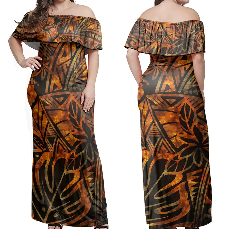 

Doginthehole Women's Stylish Off Shoulder Orange Sunset Polynesian Tribal Long Maxi Dress Layered Ruffle Neck Evening Party Robe