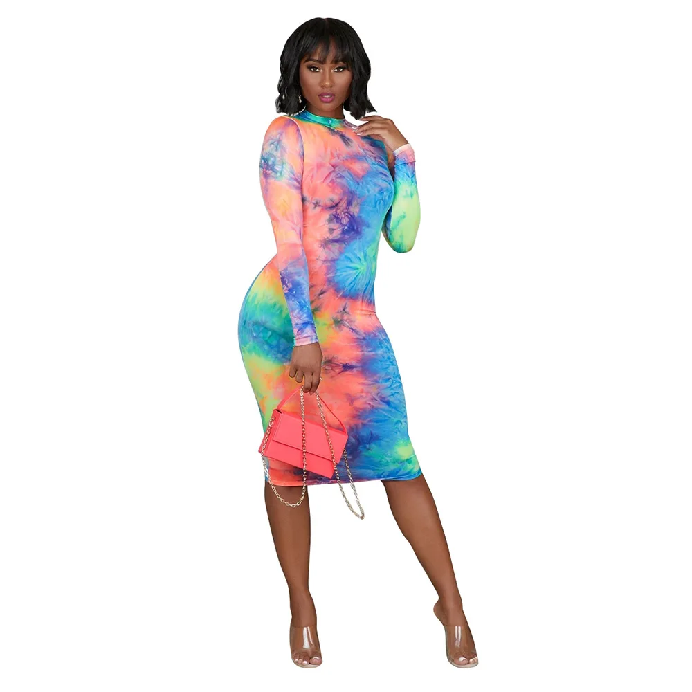 

2020 summer sexy women o-neck printing long sleeve knee-length dress