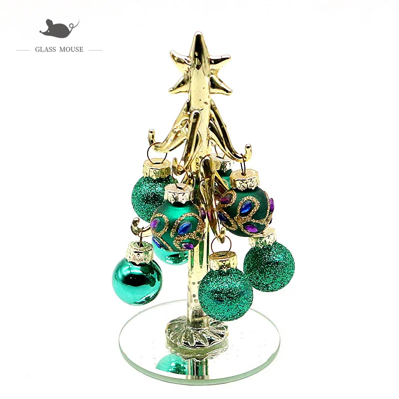 

Custom 13cm Small Glass Christmas Tree Figurines Ornaments With 8pcs Hanging Hand-Painted Xmas Balls Pendant Home Tabletop Decor