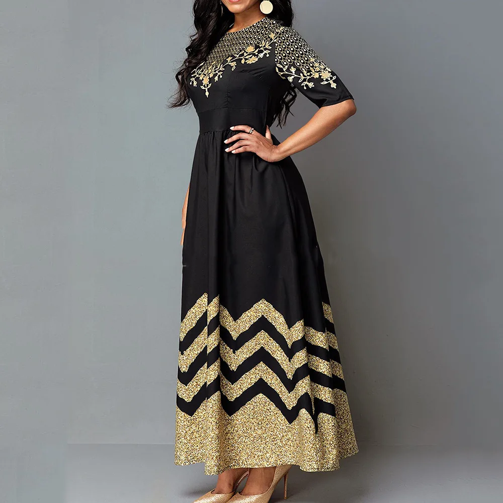 

2021 Women's Printed Round Neck Striped Long Skirt Retro Dress