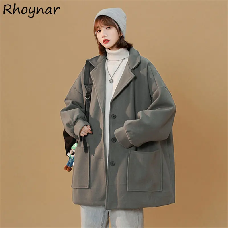 

Blends Women Korean Style Fashion Winter Casual Minimalist Vintage Solid Retros Pockets Loose All-match Notched Elegant Cozy New