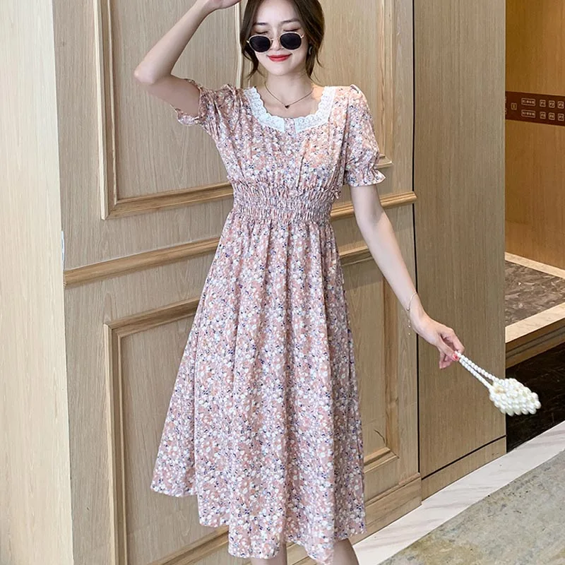

One-Piece 2021 Korean Style Summer Women'S Chic Dress French Vintage Square Collar Puff Sleeve Dress Temperament Chiffon Dresses