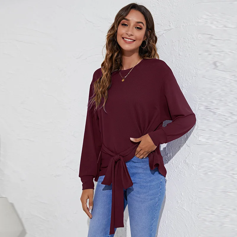 

Elegant Lace Up Lady Tops For Autumn Spring Solid Color Women Tshirts Long Sleeve Good Quality Female Clothing Office Work Wear