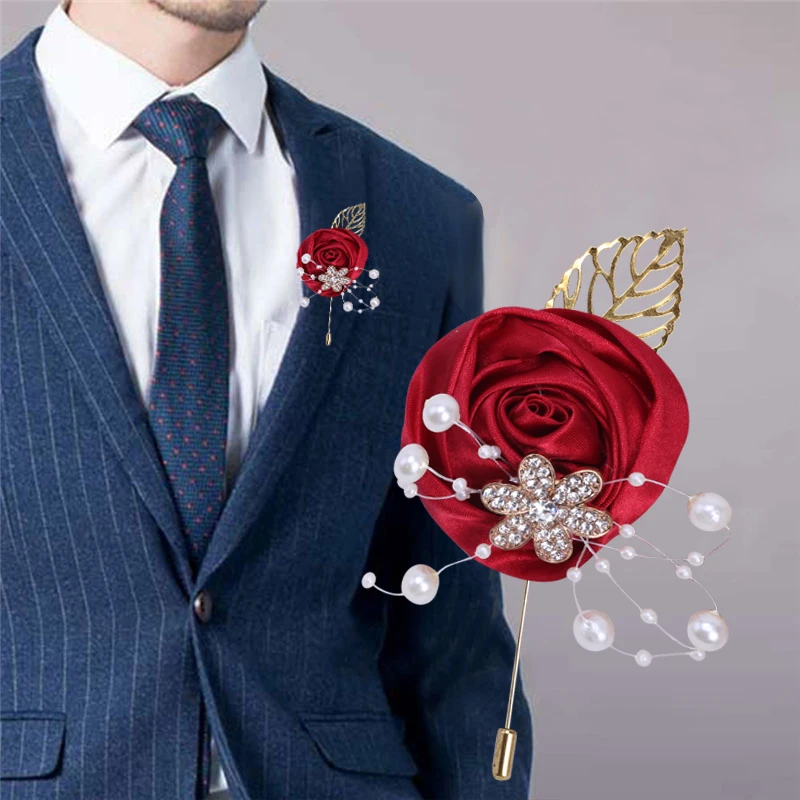 

Gold Diamond Men's Corsage Wine Red Groom Best Man Suit Pin Handmade Diamond Pearl Corsage Party Wedding Supplies XH059