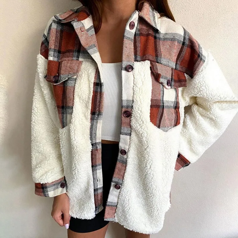 

2021 Autumn Plaid Printed Wool Coats Women Single Breasted Casual Shirt Jacket Long Sleeve Pocket Fluffy Jackets Vintage Tops