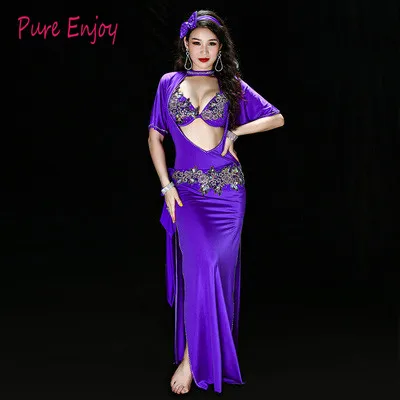 Фиолетовый Красный Фиолетовый Костюм Танца Живота 5 Шт. Набор Женщины Bellydance Роскошный Египетский Стиль Galabeya Танцевальное Платье Спектакли - Цвет: Фиолетовый