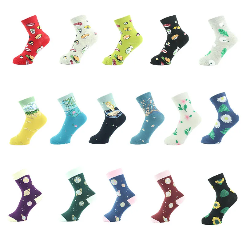 Korean Style Women Socks Lot Combed Cotton Lovely Cartoon Creative Fruit Pizza Burgers Planet Happy Funny Calcetines Mujer | Женская