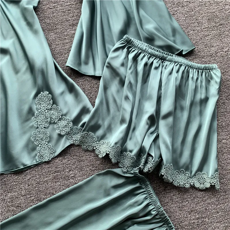 

2021 Spring 5 Pieces Women Satin Silk Pajamas Sets Sleepwear Nightwear Pyjama Spaghetti Strap Sleep Lounge Pijama Chest Pads