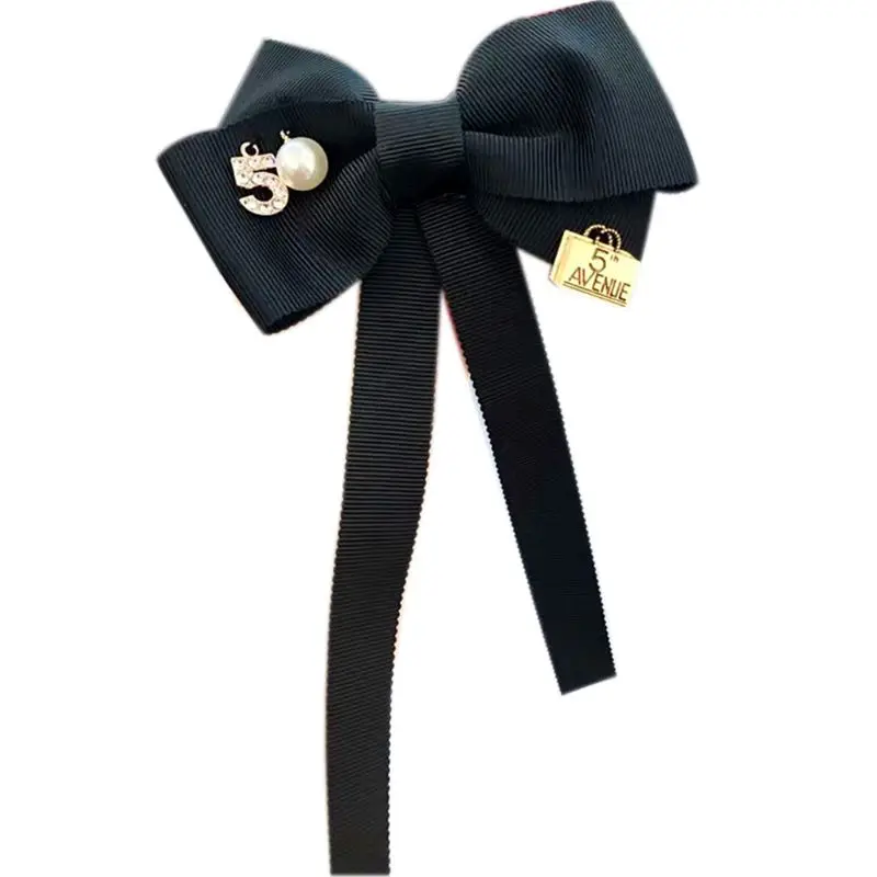 

Women Long Ribbon Bow Tie Brooches Number 5 Letter Imitation Pearl Lapel Pin Shawl Buckle Jewelry Corsage Pre-Tied Necktie