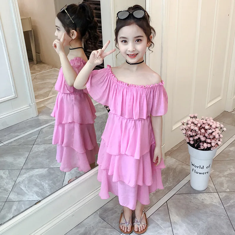 

2020 Summer Girls Dress Solid Pattern Off-shoulder Layered Dress Cotton Kids Dresses Casual Party Girls Clothes 4 6 8 10 12 Year