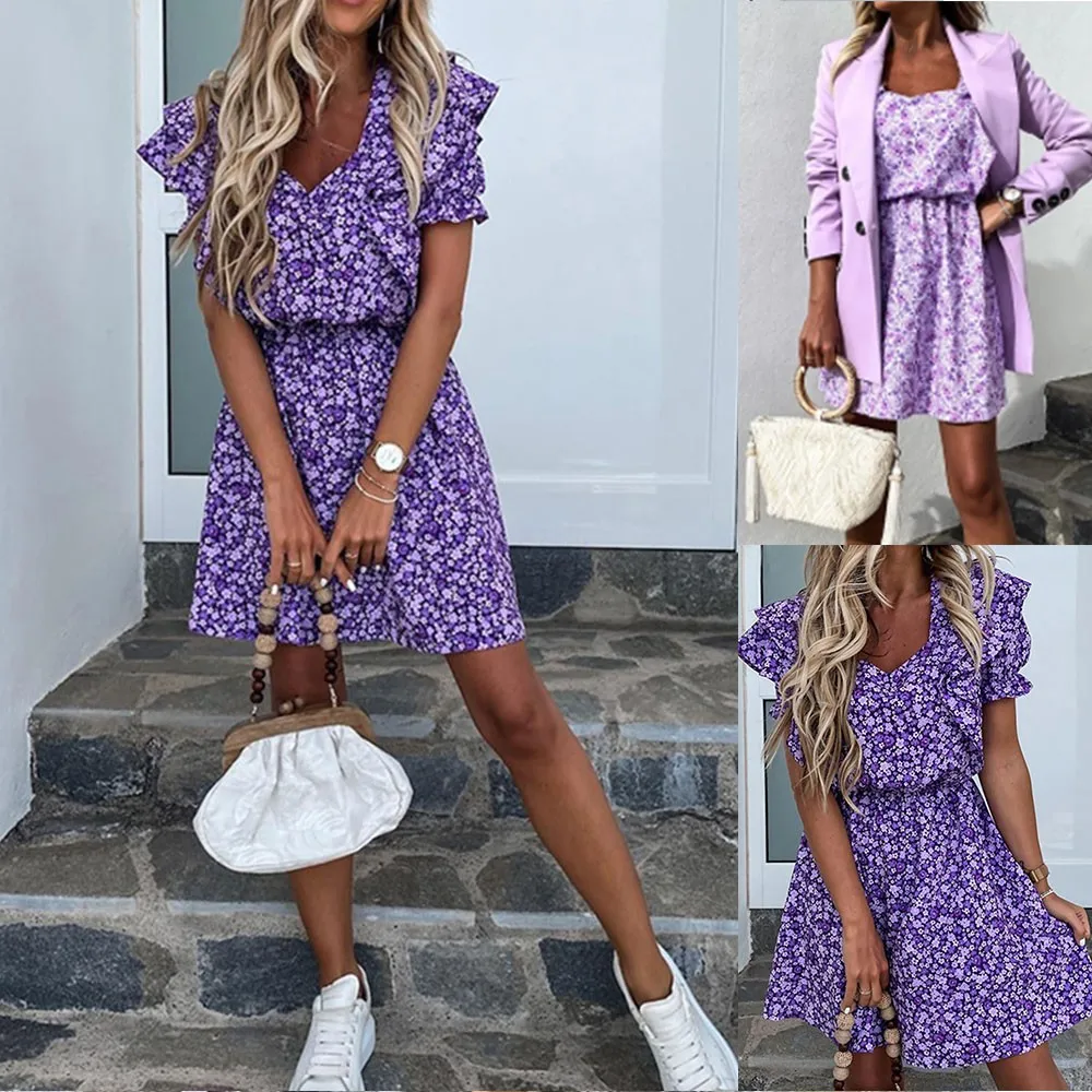 

Floral Summer Dress Elegant Short Sexy V Neck Ruffle Print Dress Retro Vintage Dress Striped Floral Print Dress Striped Floral