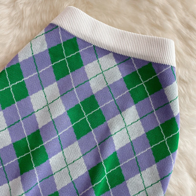 

Y2k Preppy style Retro Polo collar Knitted Plaid Crop Tops Two piece set Women Summer Short Sweater Cardigan Mini Skirt Sets