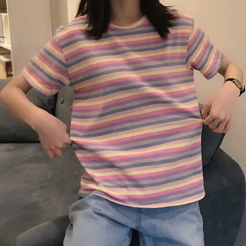 Футболка женская в радужную полоску модный топ хлопковая Базовая Свободная