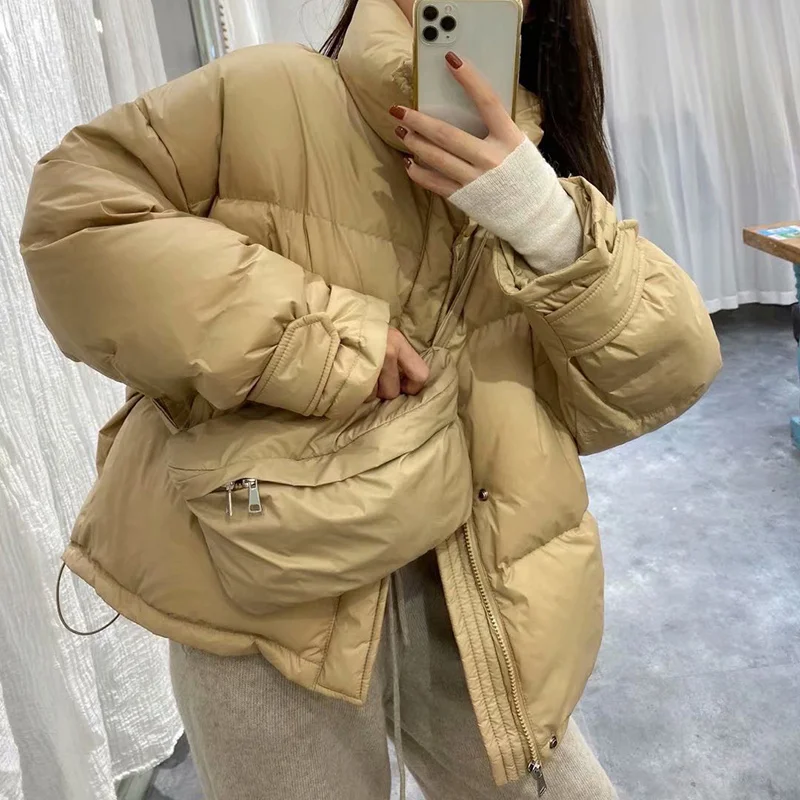 

Winter Ultra Light Stand Collar Short Down Jacket Women 90% White Duck Coat Loose Warm Outwear+Inclined Shoulder Bag