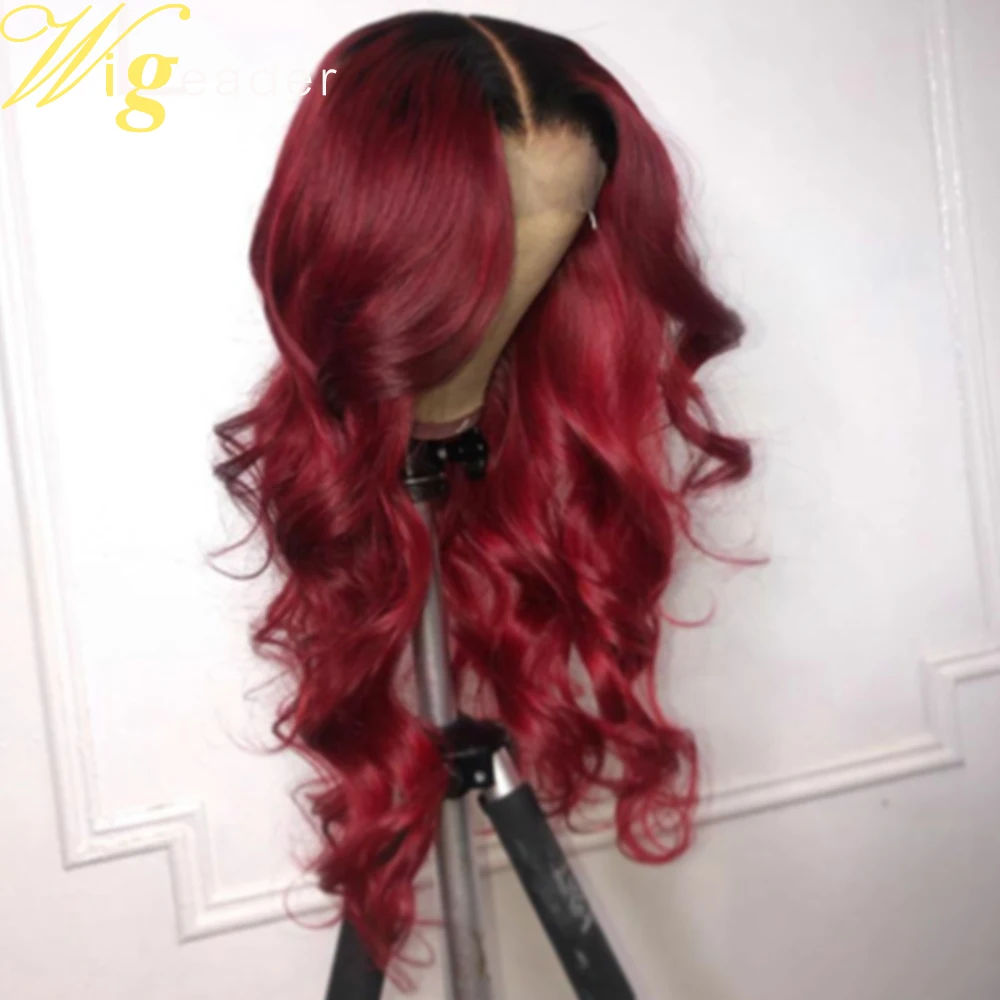 Wigleader Ombre 1b/красный Remy человеческие волосы кружевные передние парики preplecked