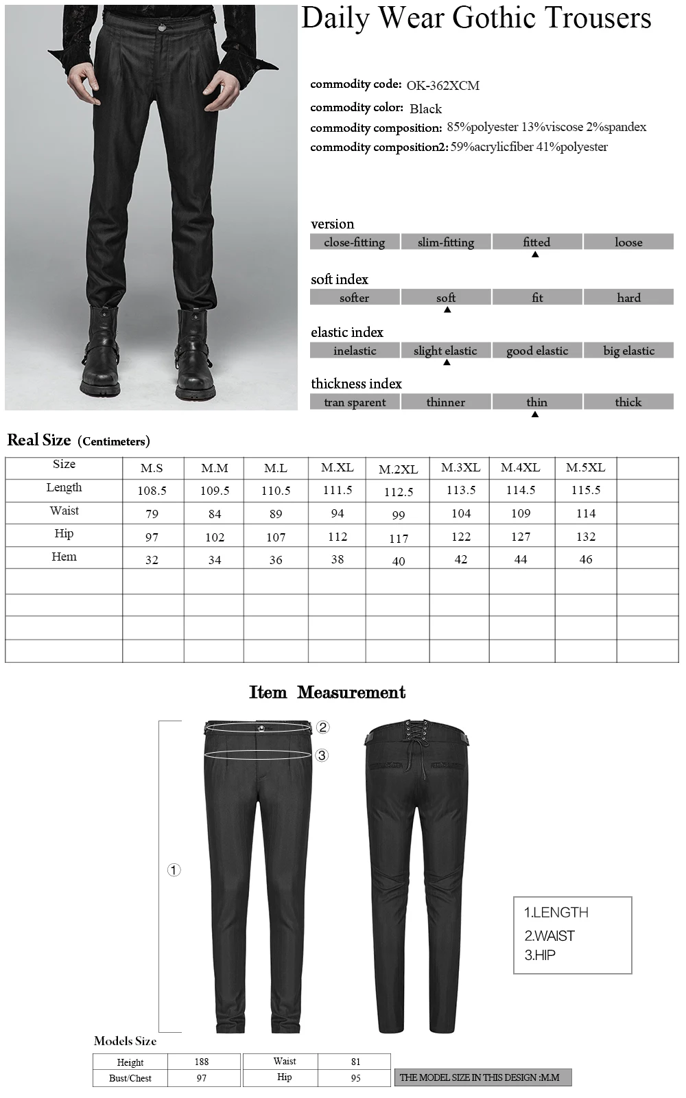 

PUNKRAVE Men's Gothic Trousers Micro-elastic Stripe PU Leather Buckle Party Gown Long Pants