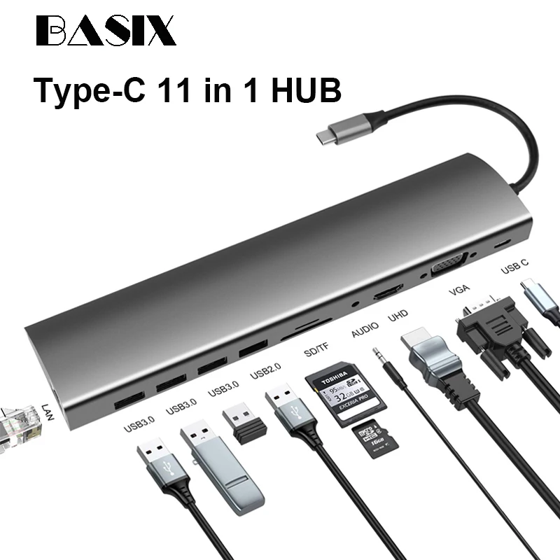 Basix USB C концентратор Док Станция Адаптер Тип к 3 0 HDMI совместимый RJ45 VGA PD для MacBook Pro