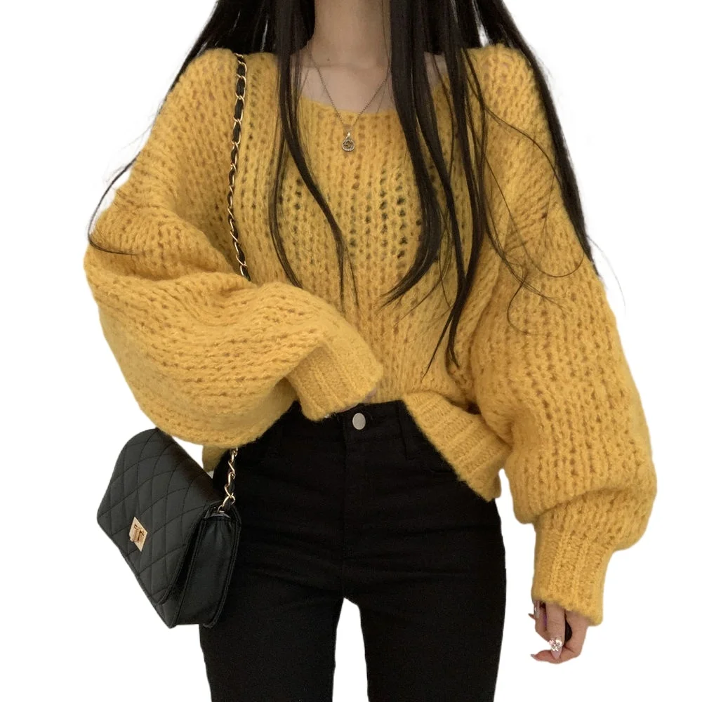 

Yellow Hot French Chic Women 2021 Spring O Neck Hollow Out Knitted Sweater Loose Long-sleeve Pullovers Female Candy Color XC406