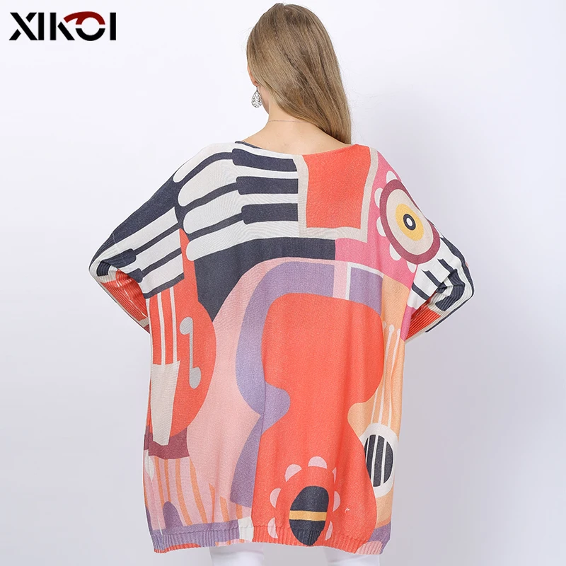 Batwing Sleeve Loose Women Sweater and Pullovers Knitted Oversized Dress Patchwork Print O-neck Wool Jumper Pull Femme | Женская одежда