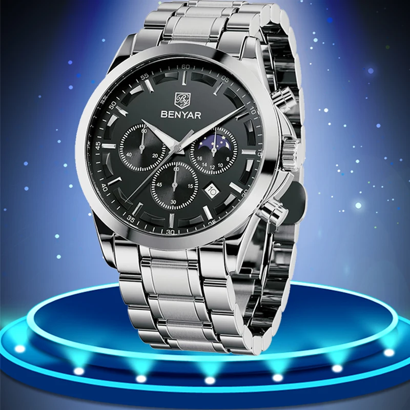 

BENYAR Top Brand Luxury Business Sports Waterproof Watch Stainless Steel Men's Chronograph Watch Quartz Clock Relogio Masculino