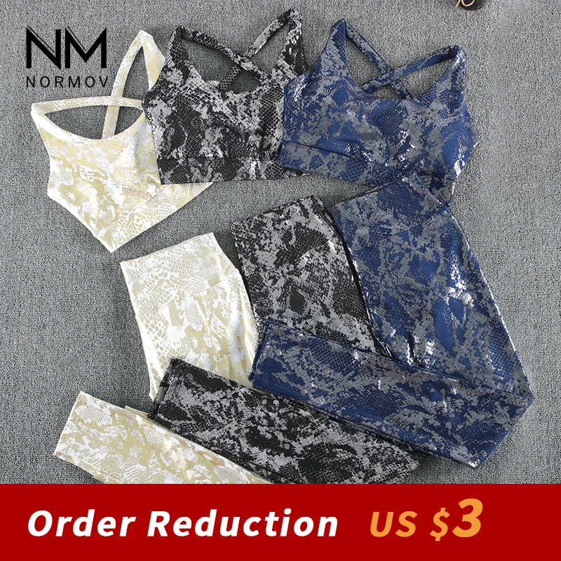 

Женские комплекты NORMOV с принтом змеиной кожи, бюстгальтеры пуш-ап и высокой талией, брюки для подтягивания, костюм для фитнеса, дышащий обле...