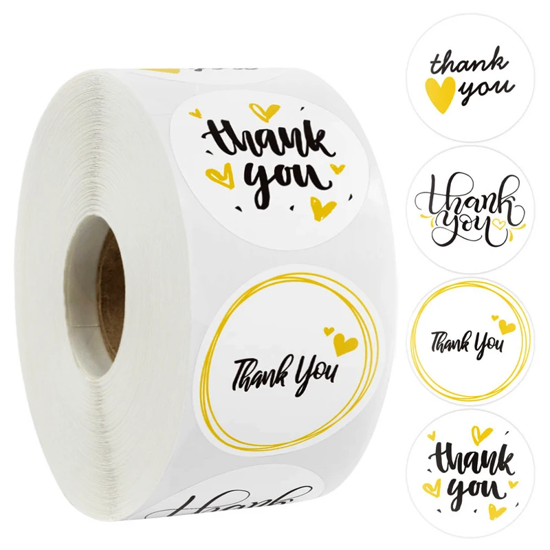 

Custom 500 sheets / roll thank you Sticker 4 style yellow round gift label wedding envelope sealed stationery sticker