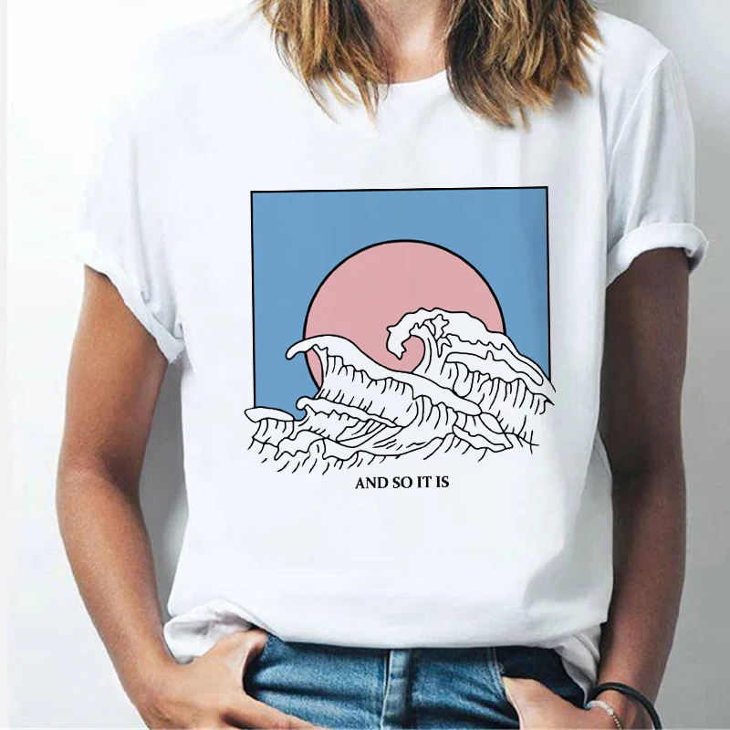 

Женская футболка с принтом большой волны, модная футболка в стиле 90-х с графическим принтом океана, милые летние топы, Женская Повседневная ...