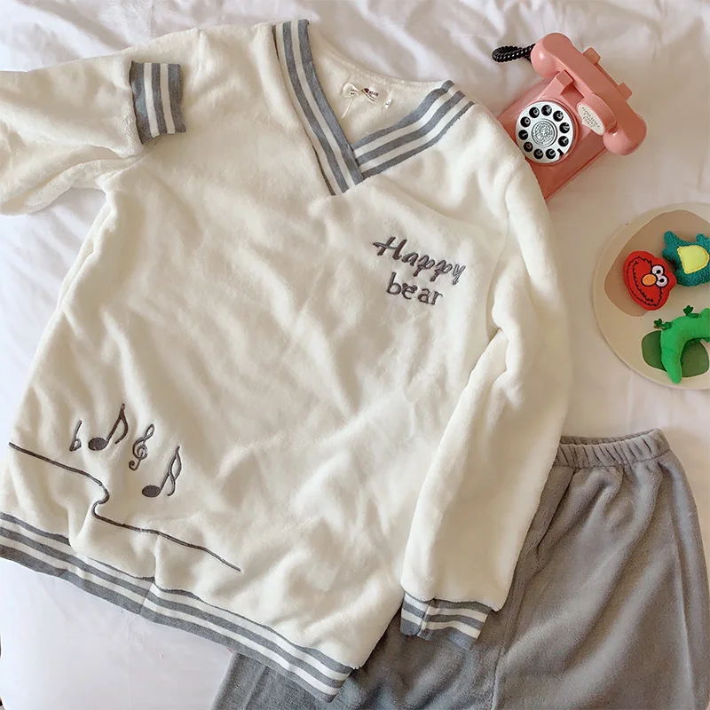 

Coral Velvet Pajamas Women's Autumn Winter Korean-Style Letter Music Notes Flannel Suit Student Loose and Warm Thickened