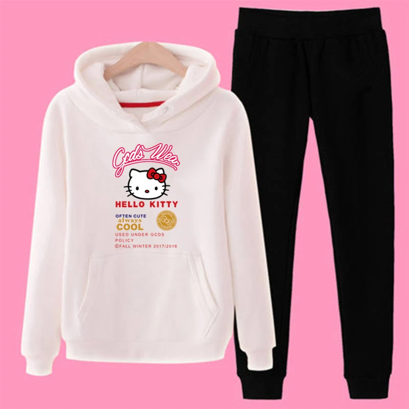 T09 3xl плюс размер hello-kitty 2 шт Женские повседневные спортивные толстовки с капюшоном костюмы толстовка+ спортивные штаны комплект теплая одежда спортивный Спортивный костюм женский - Цвет: White