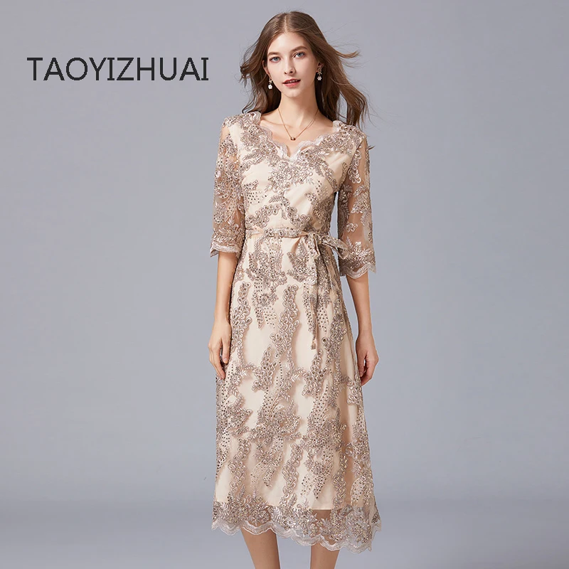 Brand light luxury evening dress skirt women's spring and autumn dress new embroidered lace dress wedding dress wedding dress