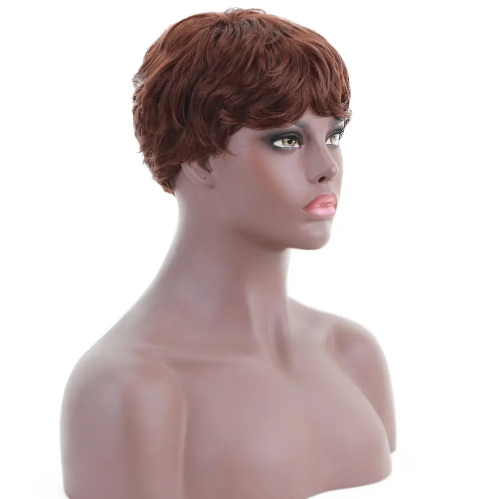 Free Beauty 11'' Short Body Wave Brown Auburn Chestnut Dark Roots Synthetic Wig with Bangs for Women Cosplay Party Daily Make Up |