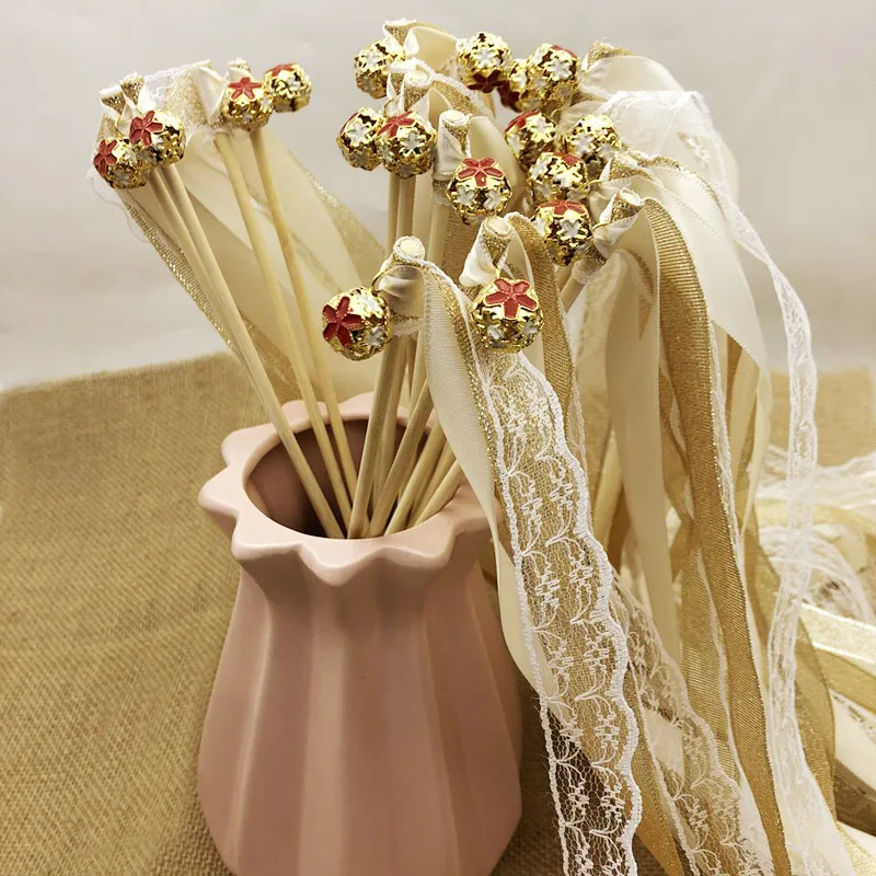 

Палочки сказочные атласные с золотым колокольчиком, лента розовая фиолетовая для газона, декор для свадьбы, вечеринки, душа, растяжки, 50 шт.