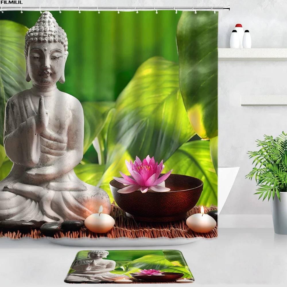 zen green bamboo buddha shower curtains bath mats set black stone flowers garden scenery bathroom carpet non slip rug home decor free global shipping
