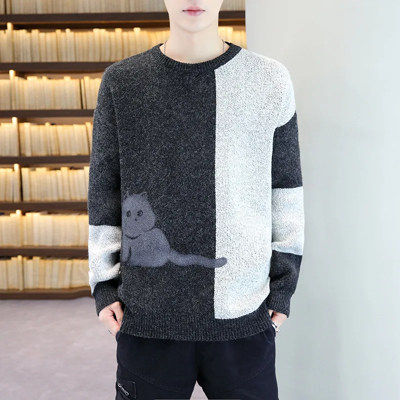

High Quality Fashion Streetwear Loose Cat Printed Knitted Pattern Crewneck Pullover Wool Sweater