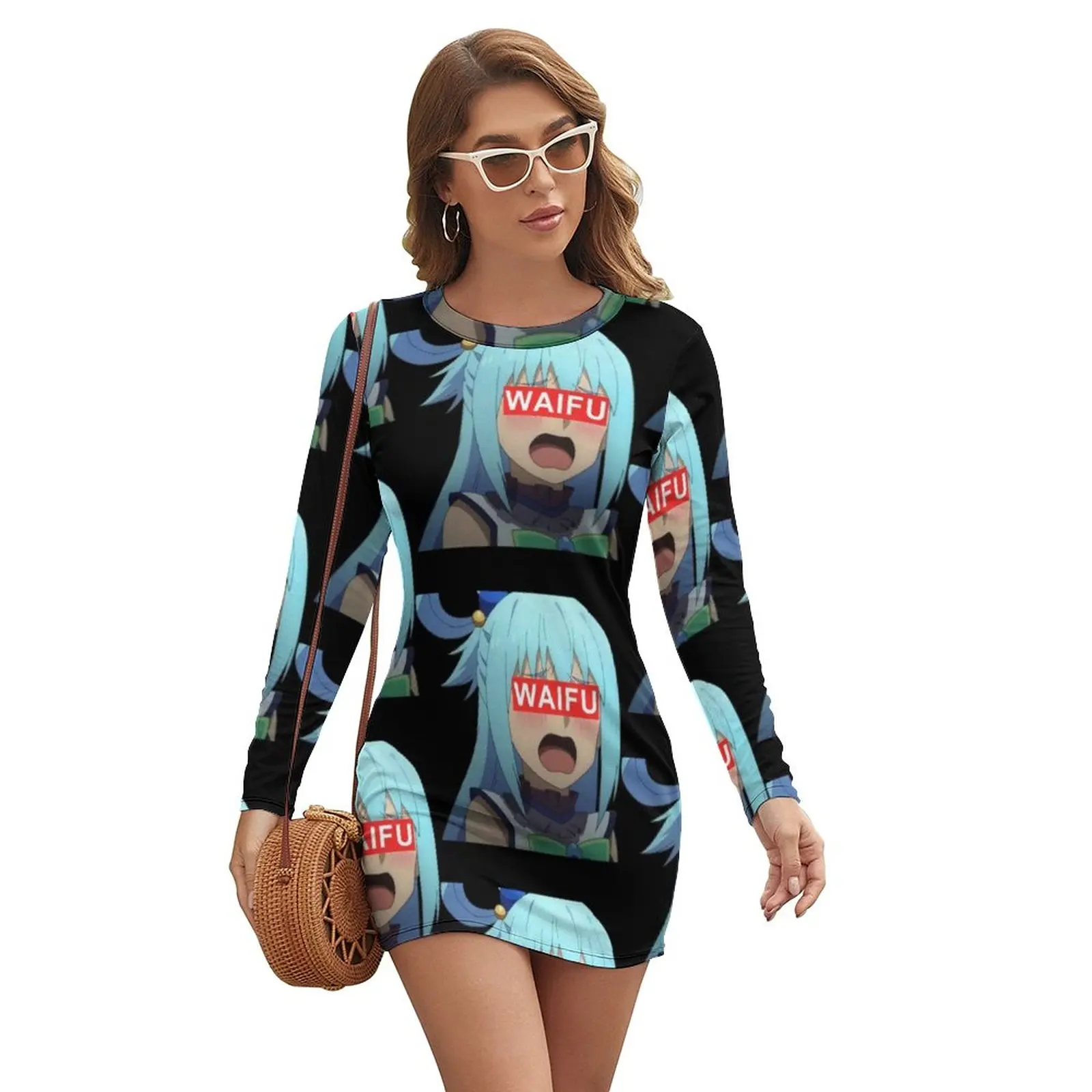 

Платье Konosuba с длинным рукавом, весеннее облегающее женское эластичное платье из спандекса с узором