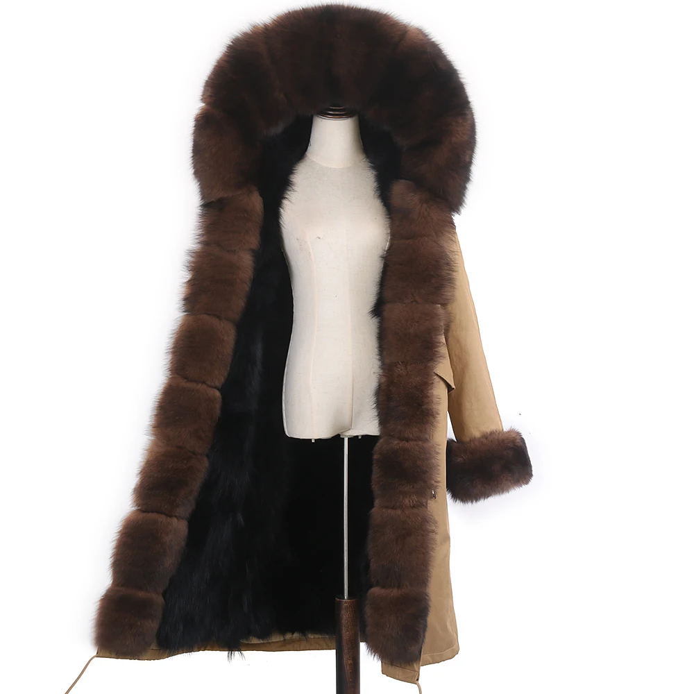 New Winter Women Real Fur Coat Natural Fox Fur Jacket X-Long Large Raccoon Fur Hooded Streetwear Thick Warm Outerwear Fashion