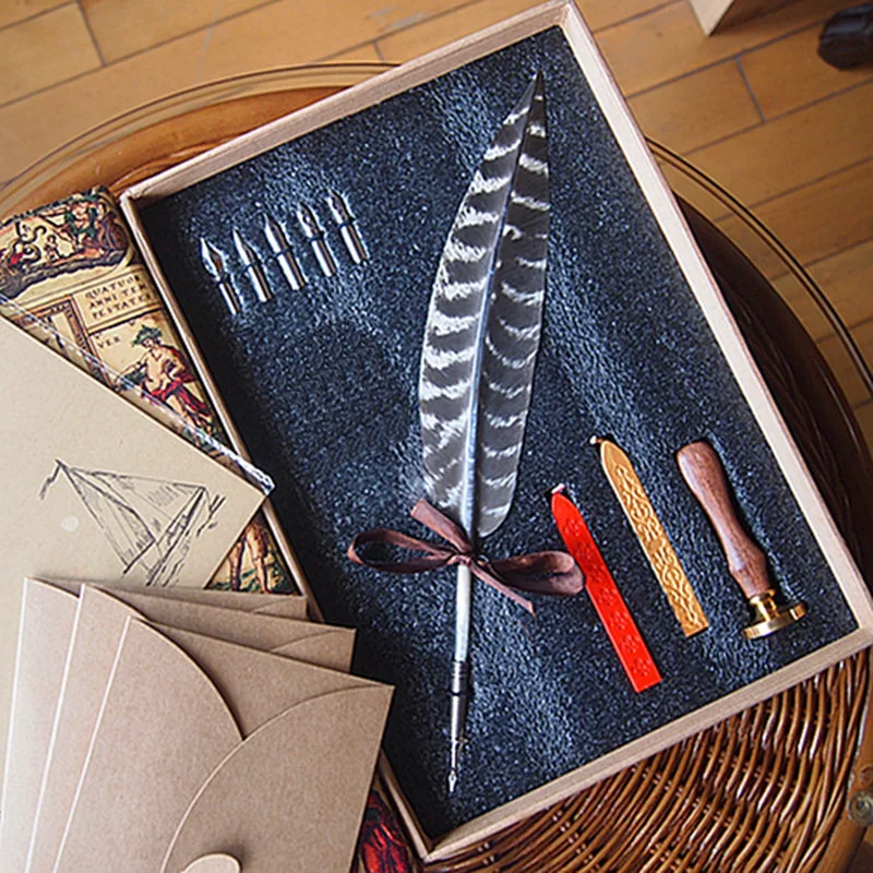 

New Nature Feather Calligraphy Handwriting Dip Pen Set with 2 Wax Seals 1 Stamper 5 Nibs